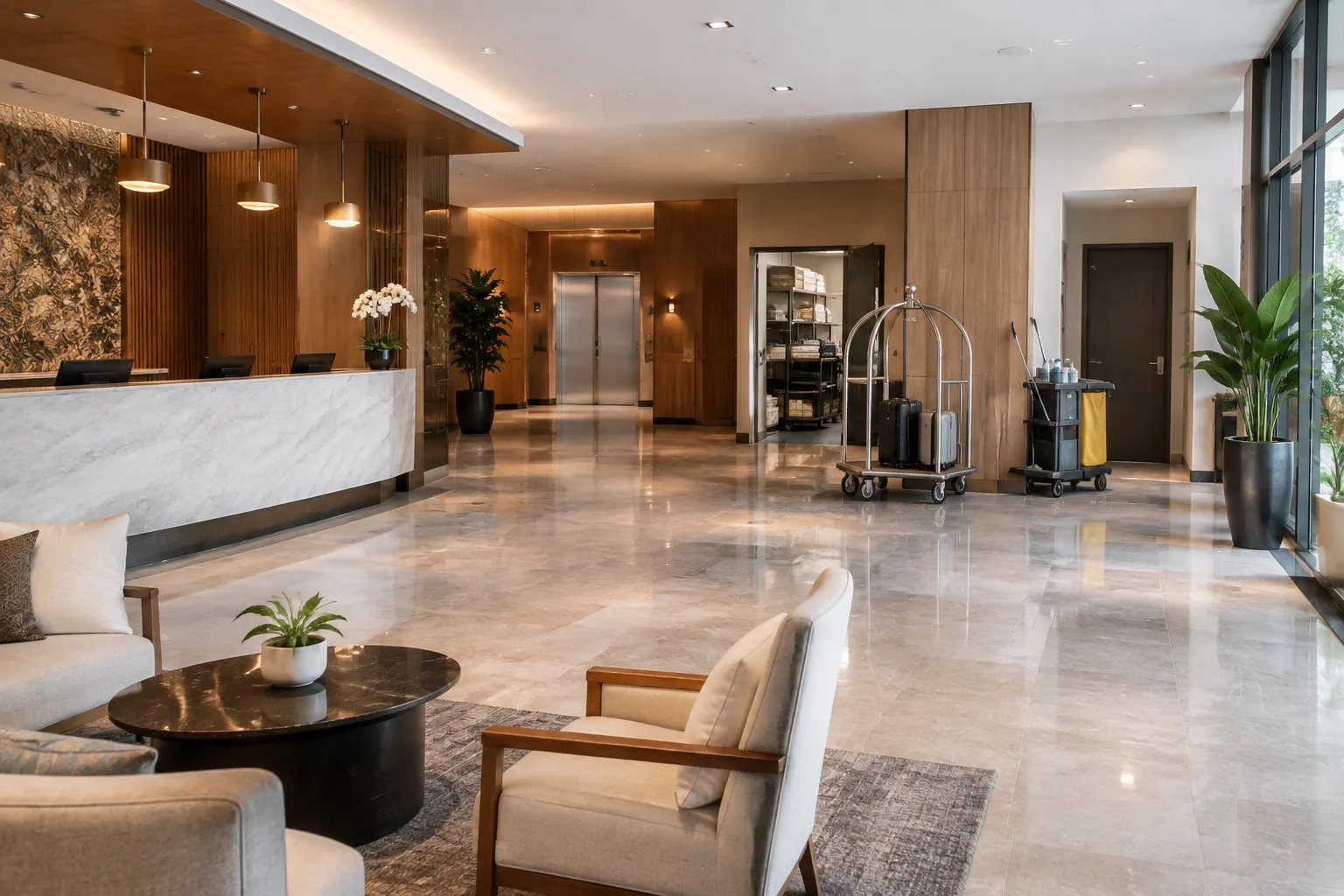 Lobi hotel memiliki area duduk, meja layanan, dan jalur masuk