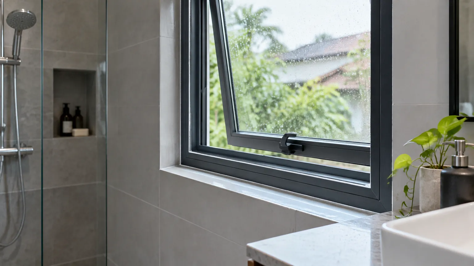 Jendela kamar mandi terbuka di dekat area pancuran