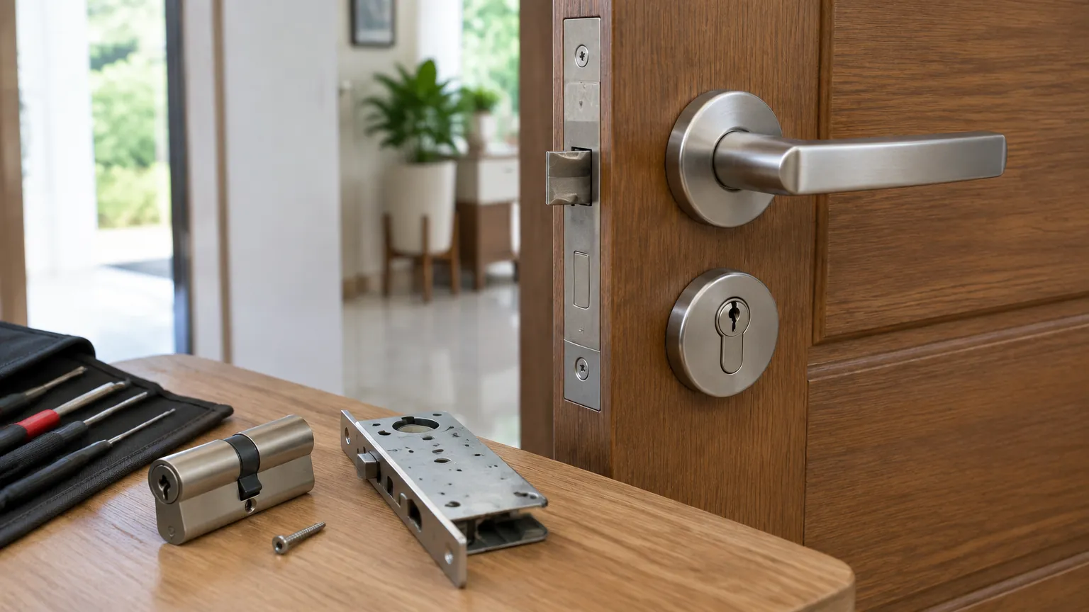 Gagang pintu kayu dan komponen kunci di atas meja