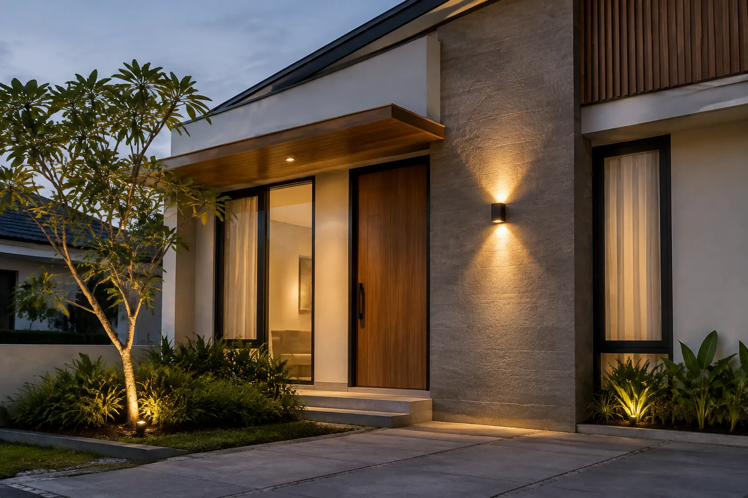Lampu dinding dan taman pada fasad rumah