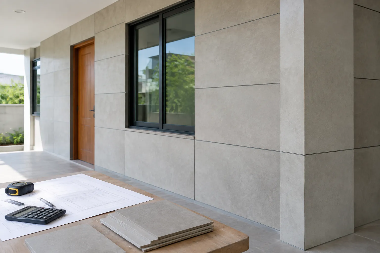 Dinding berlapis panel dan sampel bahan di meja depan rumah