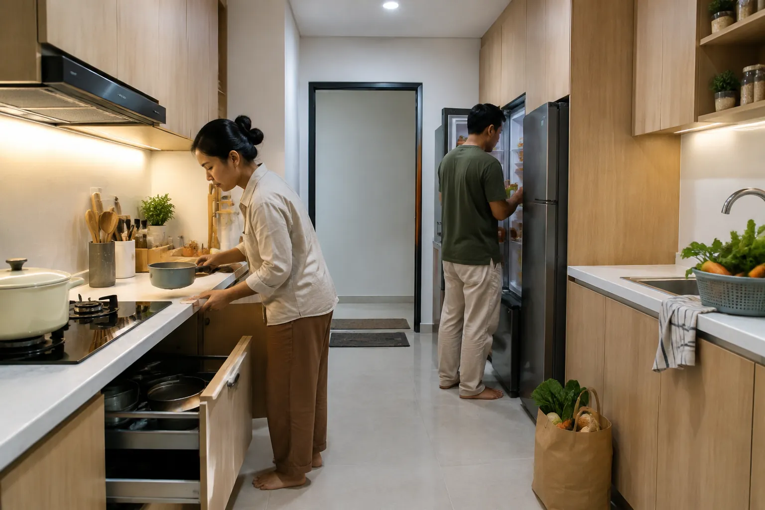 Dua penghuni memakai dapur biasa.