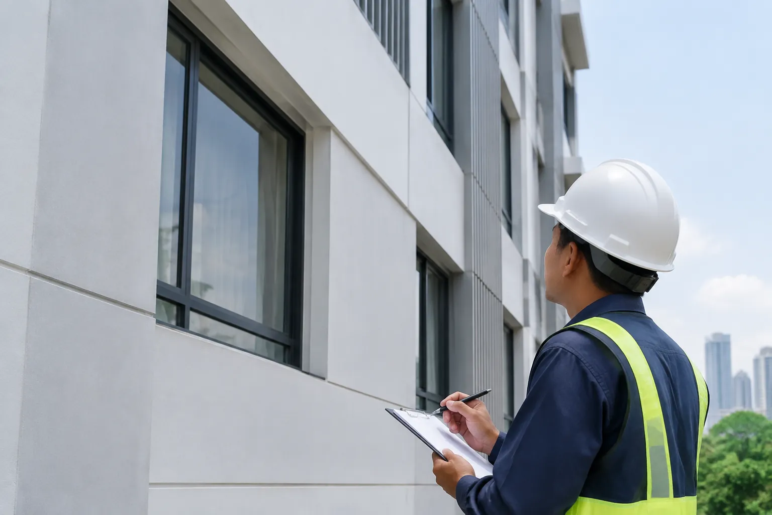 Petugas memeriksa sambungan panel fasad gedung
