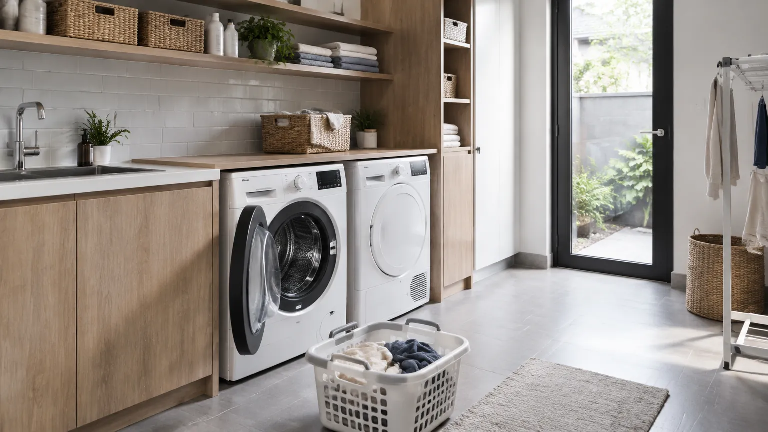 Ruang laundry dengan kabinet dan dua mesin