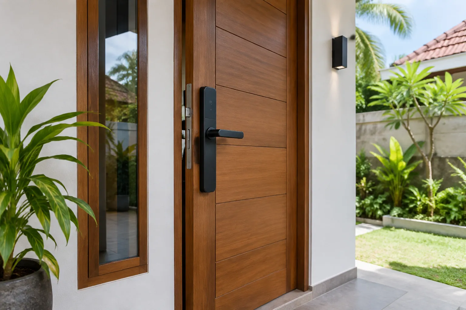 Pintu masuk kayu dengan gagang dan kunci terpasang