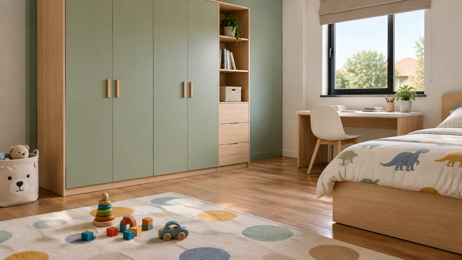 Kamar anak dengan lemari hijau dan sampel lantai