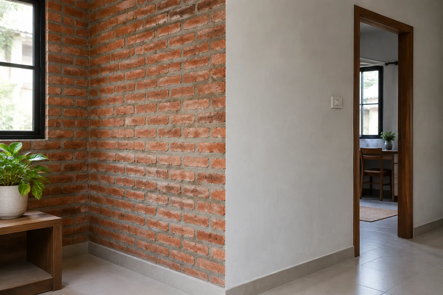 Dinding bata ekspos bertemu dinding plester dekat pintu
