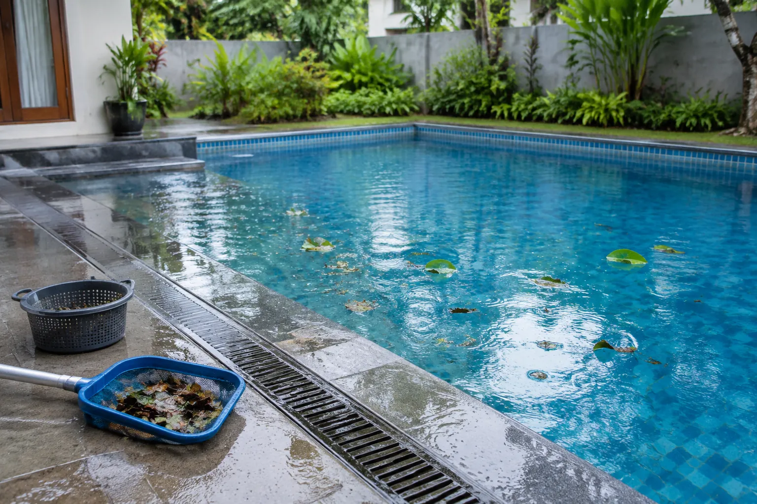 Daun dan air hujan berkumpul di tepi kolam rumah