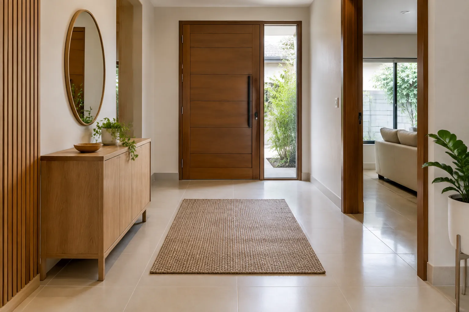 Area foyer dengan pintu kayu, meja konsol, dan karpet.