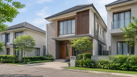 Fasad rumah dua lantai dengan panel kayu dan halaman depan