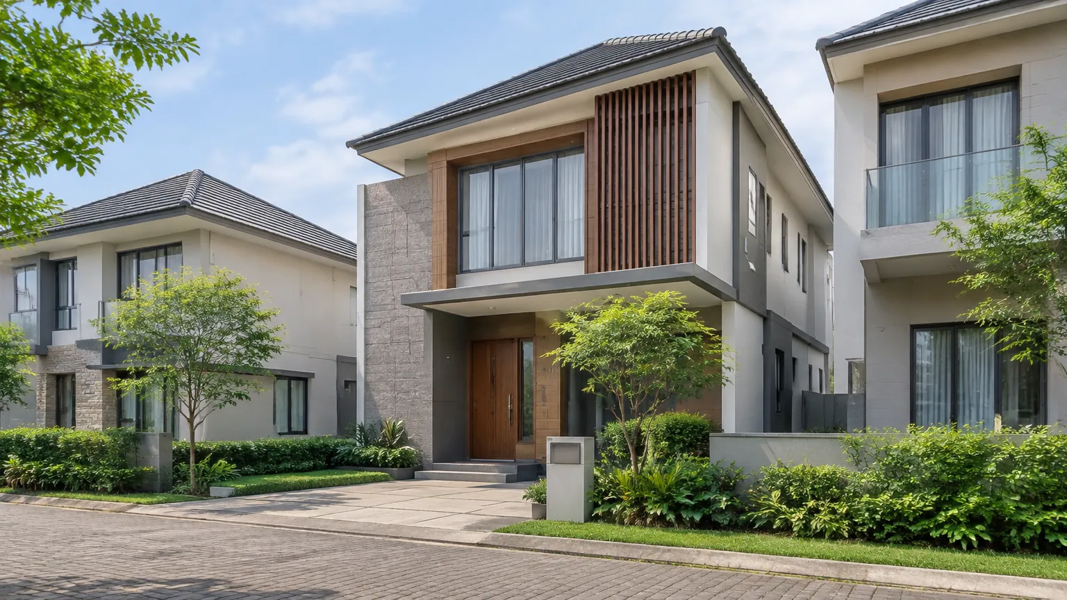 Fasad rumah dua lantai dengan panel kayu dan halaman depan