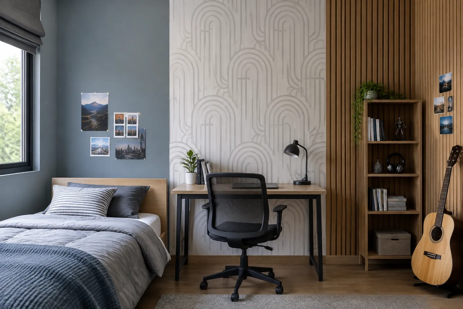 Kamar remaja dengan wallpaper berpola dan bilah kayu