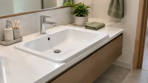 Wastafel putih dengan keran di atas kabinet kayu