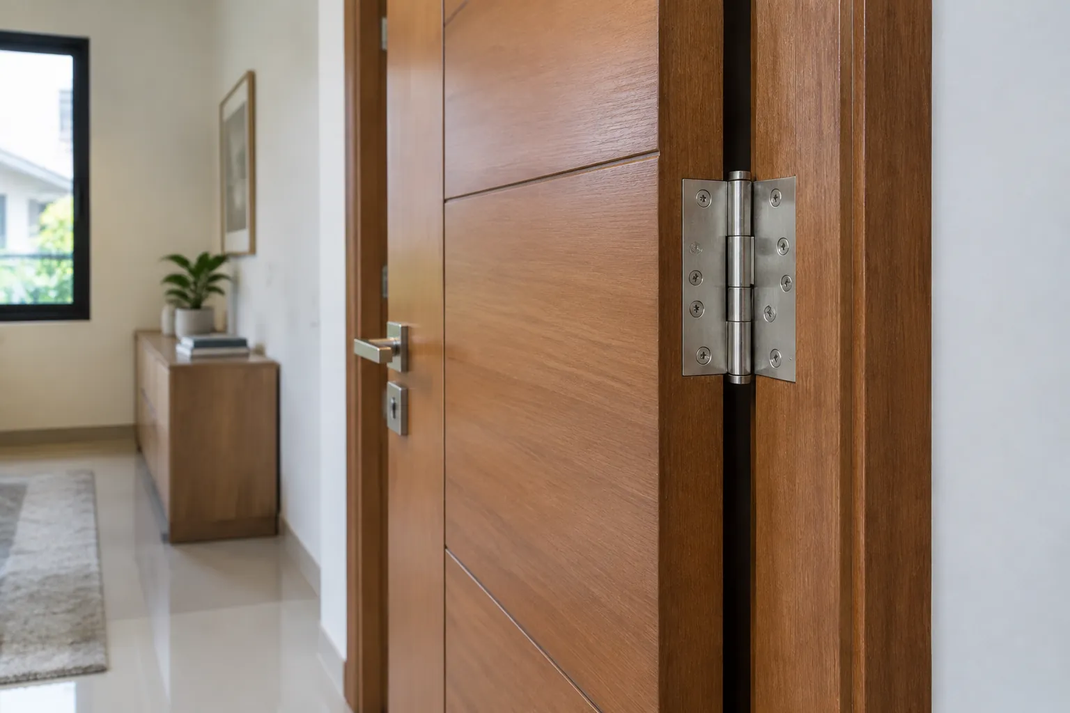 Detail engsel dan gagang pada pintu kayu dalam rumah