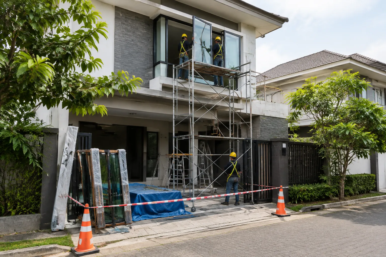 Pekerja memasang jendela lantai atas dengan bantuan perancah dan pembatas kerja