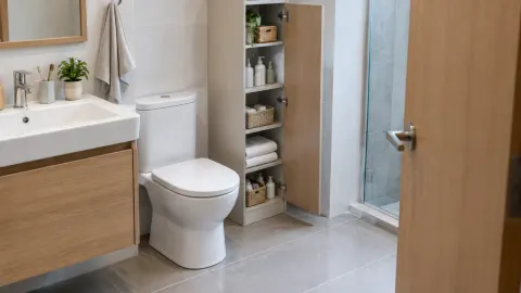 Kabinet tinggi di antara toilet dan pancuran