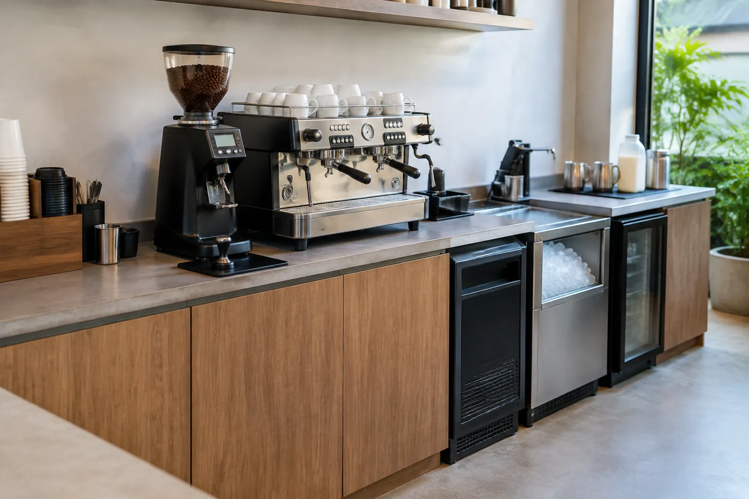 Mesin kopi dan grinder ditempatkan pada meja bar dengan ruang kerja di depannya