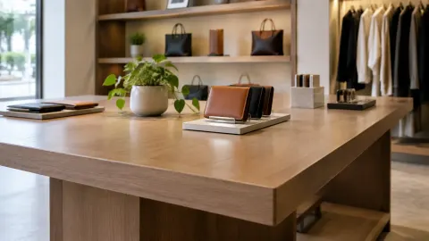 Meja display kayu dengan produk di toko