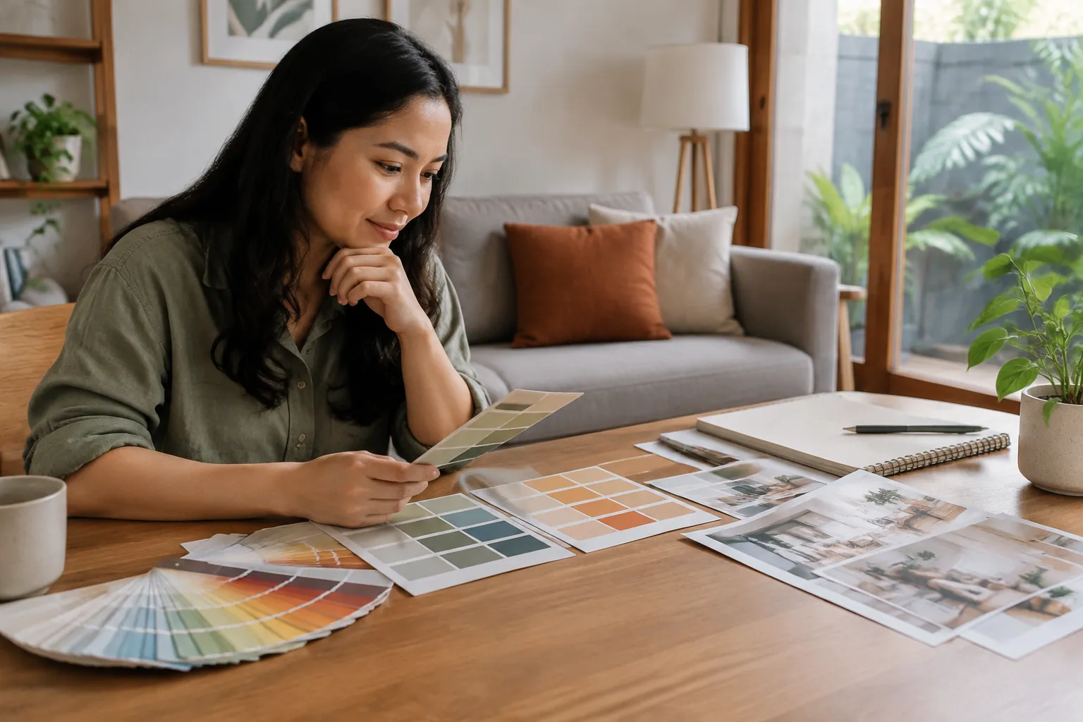Orang membandingkan kartu warna dan foto ruang