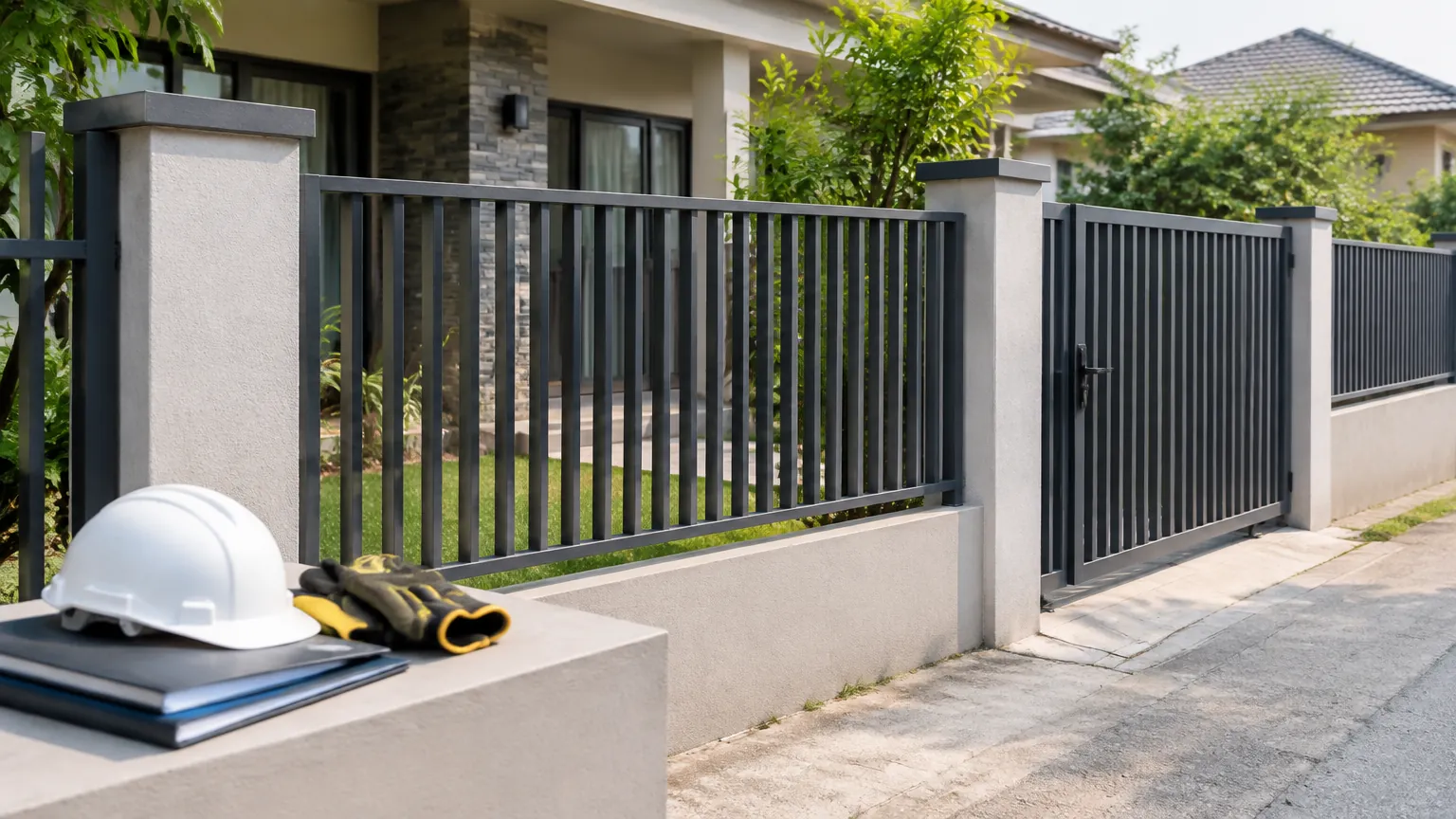 Pagar besi dengan gerbang pada batas rumah