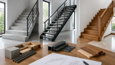 Contoh tangga kayu, beton, dan logam dalam ruang pamer