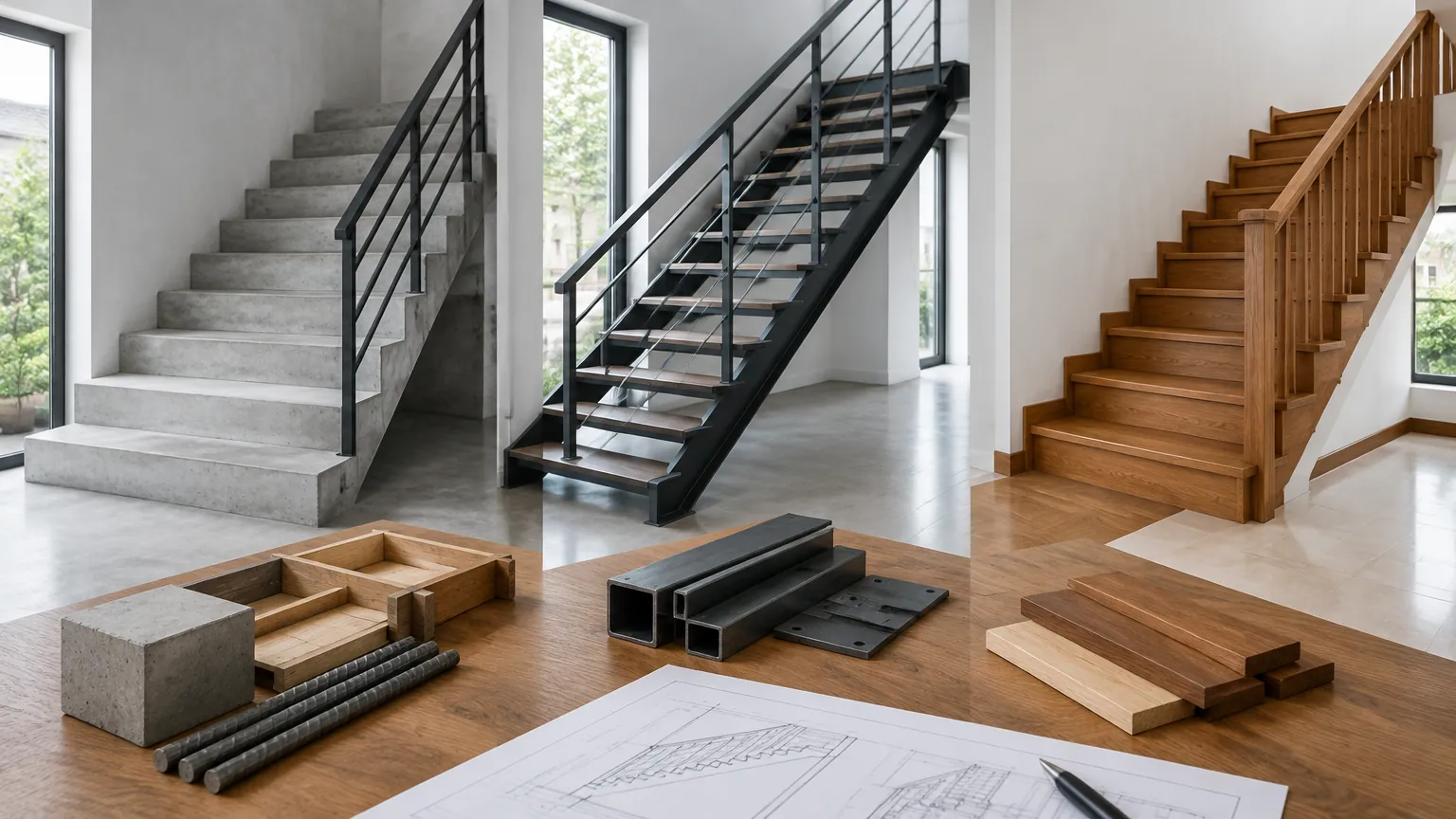 Contoh tangga kayu, beton, dan logam dalam ruang pamer