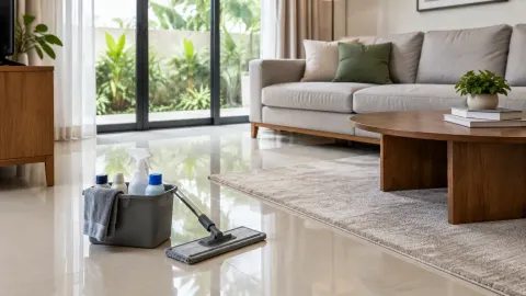 Peralatan pembersih di lantai ruang keluarga dekat sofa