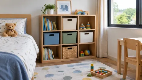Rak dan kotak penyimpanan di kamar anak