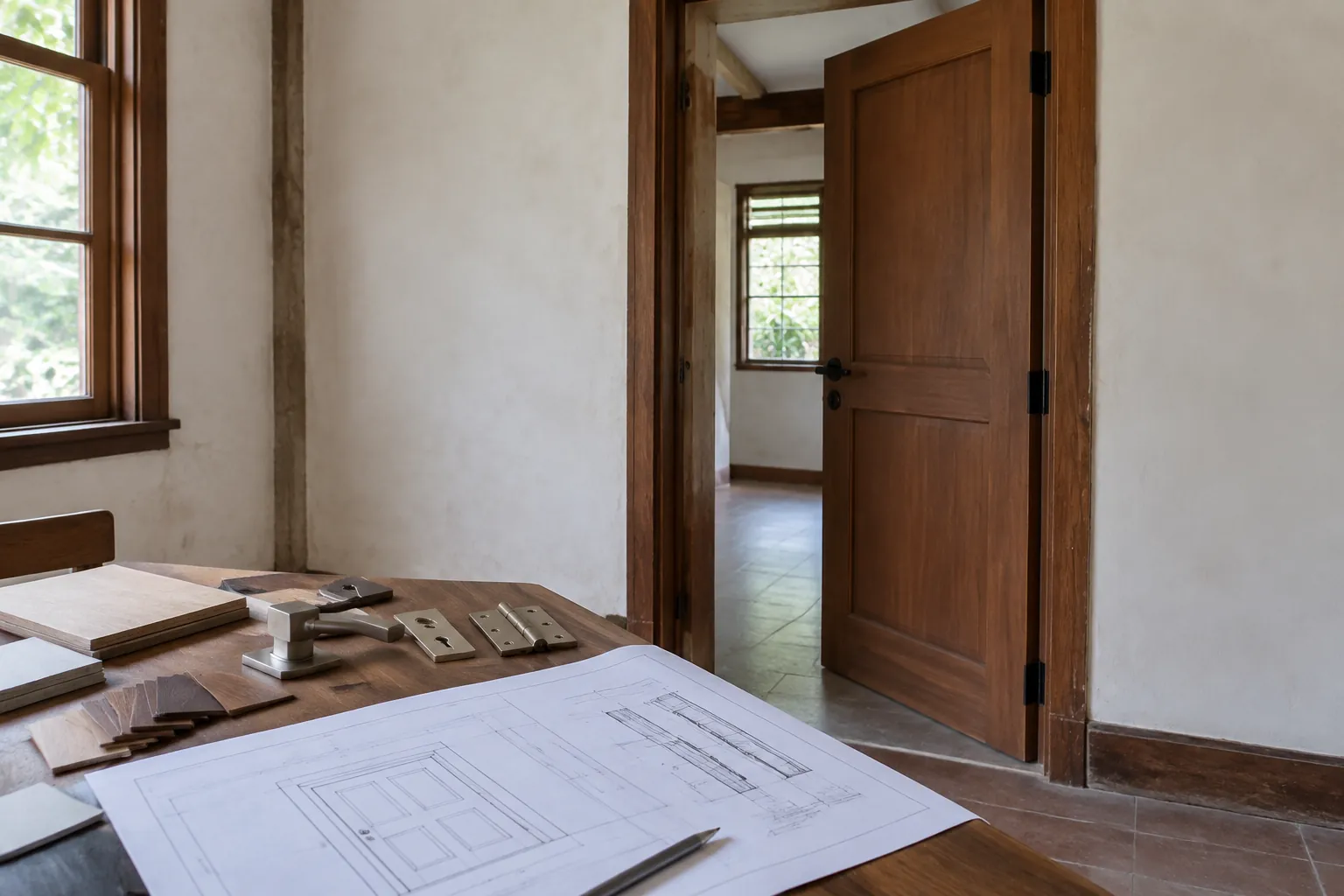 Pintu kayu dan bukaan dinding yang akan diukur