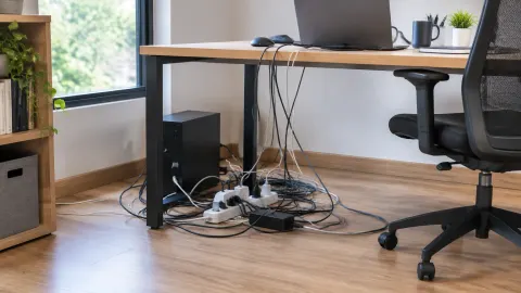Kabel listrik bertumpuk di bawah meja kerja dekat kursi