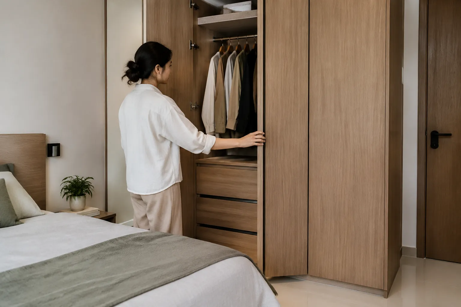 Seseorang memeriksa pintu dan laci kabinet pakaian