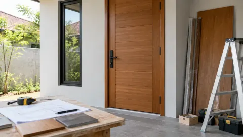 Pintu depan kayu dengan alat ukur dan sampel bahan