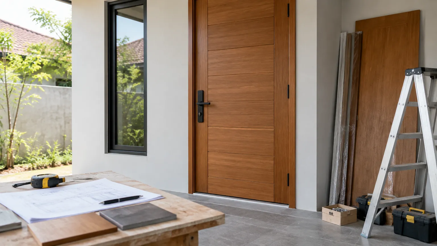 Pintu depan kayu dengan alat ukur dan sampel bahan