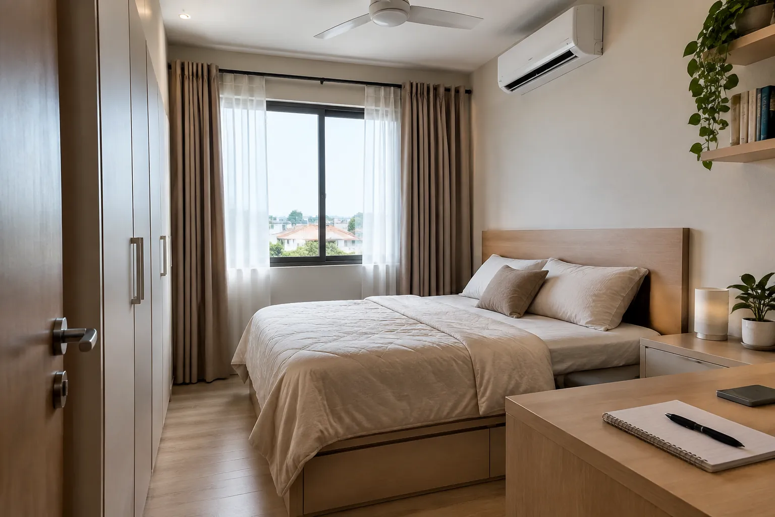 Kamar tidur kecil dengan jendela dan lampu plafon