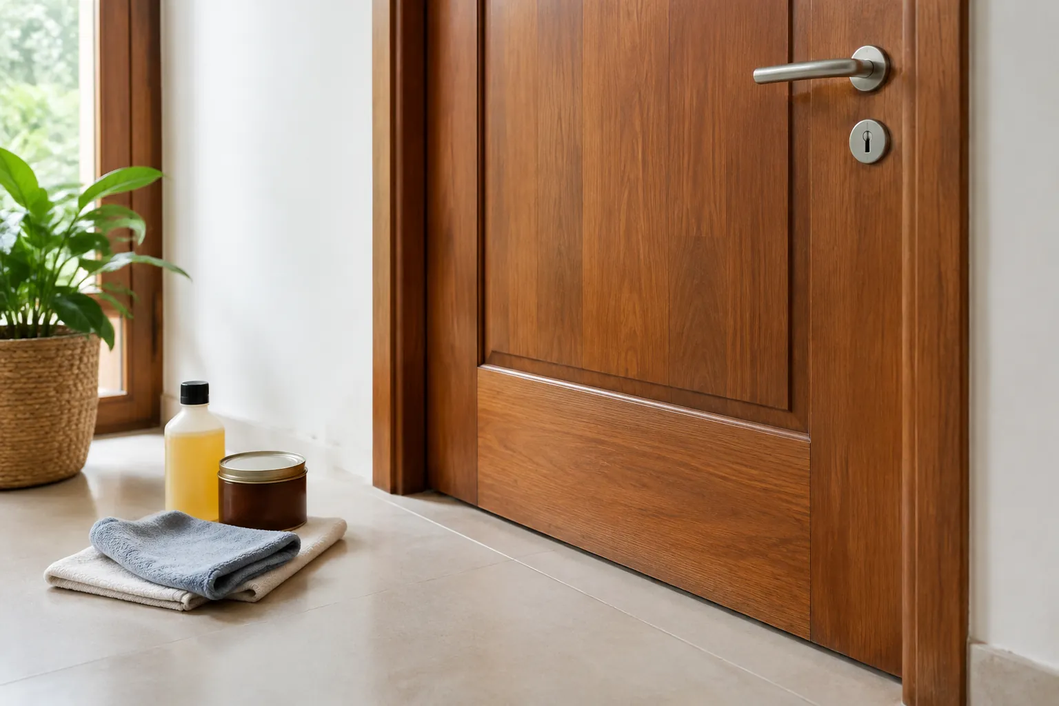 Bagian bawah pintu kayu dengan kain perawatan