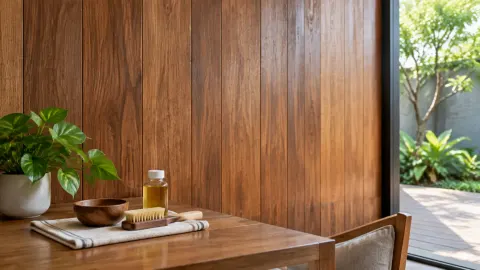 Dinding luar berpanel kayu dekat tempat duduk teras