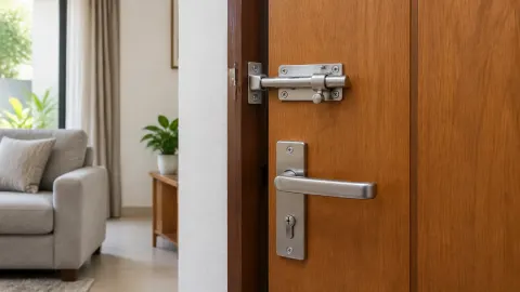 Kunci tambahan terpasang di atas gagang pintu kayu