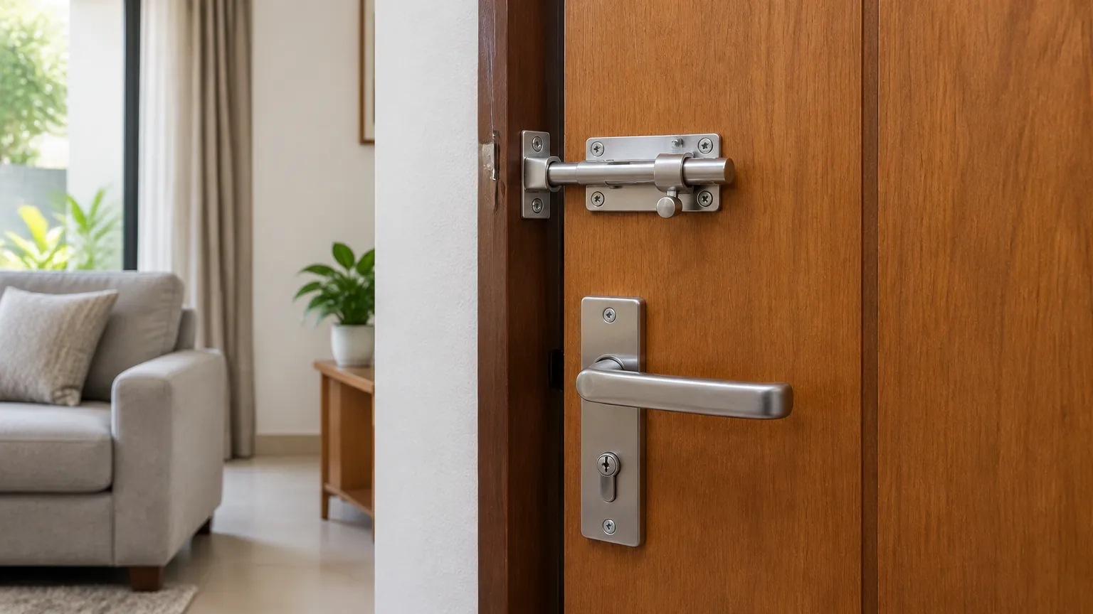 Kunci tambahan terpasang di atas gagang pintu kayu