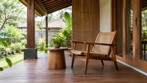 Teras kayu beratap dengan kursi dan meja kecil