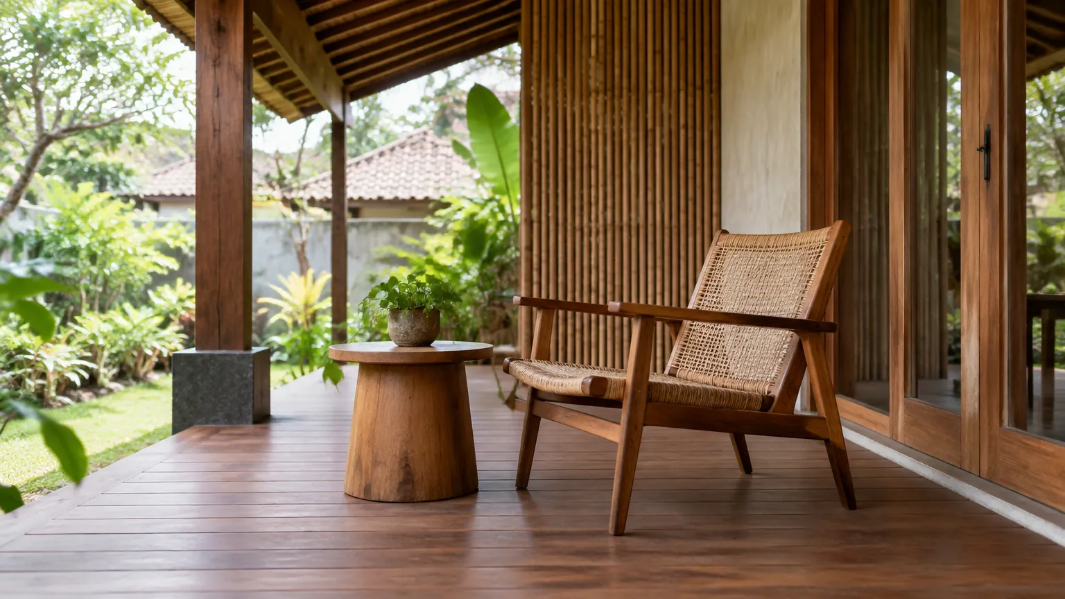 Teras kayu beratap dengan kursi dan meja kecil