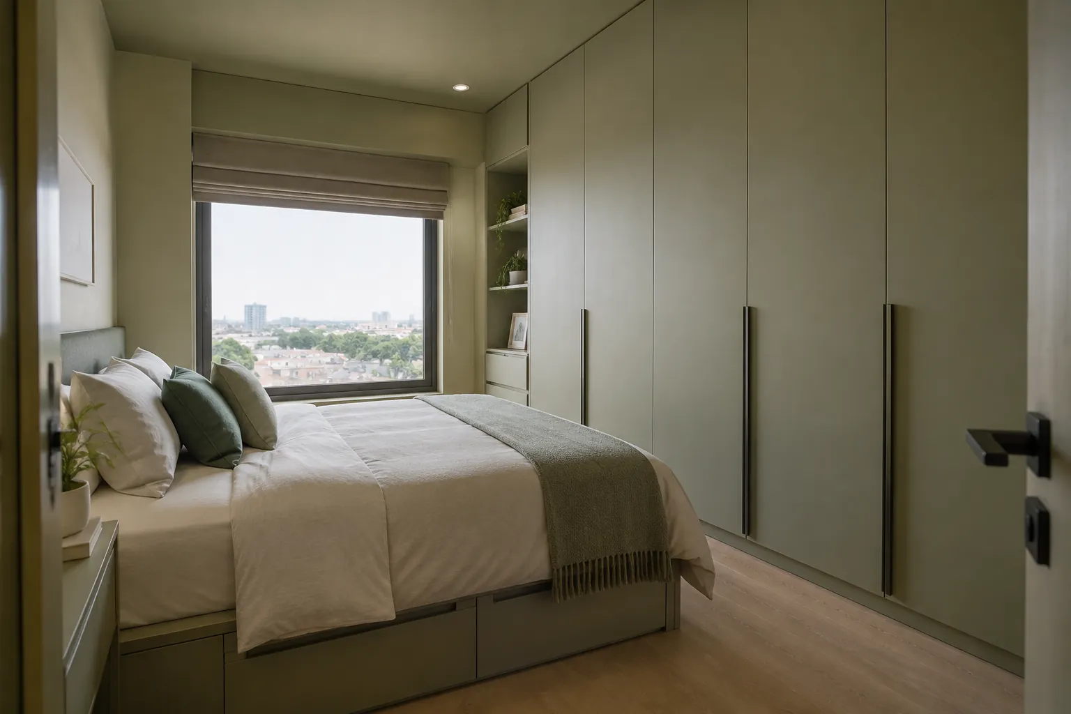 Kamar tidur sempit dengan lemari tinggi berwarna senada