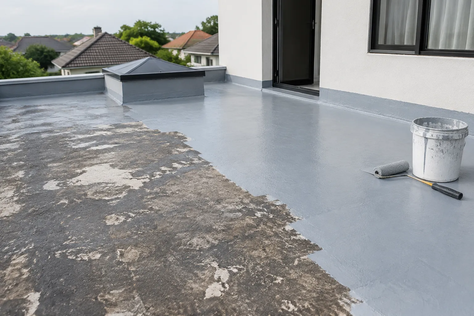 Lapisan waterproofing baru berdampingan dengan permukaan teras lama yang aus