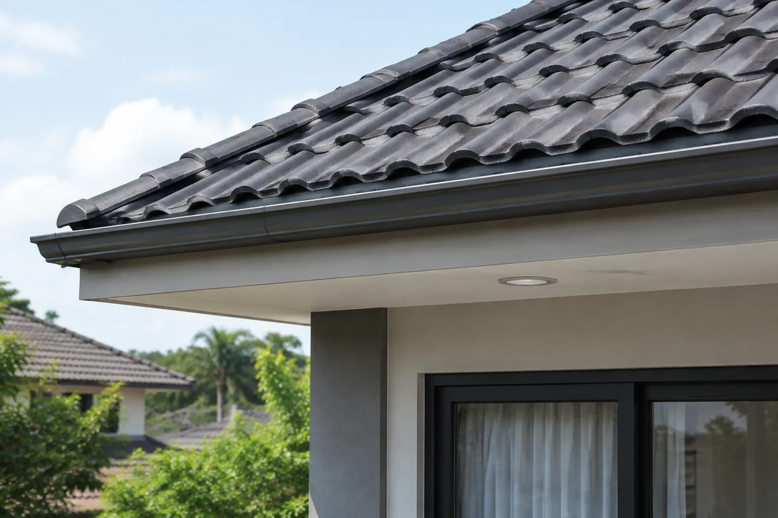 Tepi atap genteng dan talang pada rumah