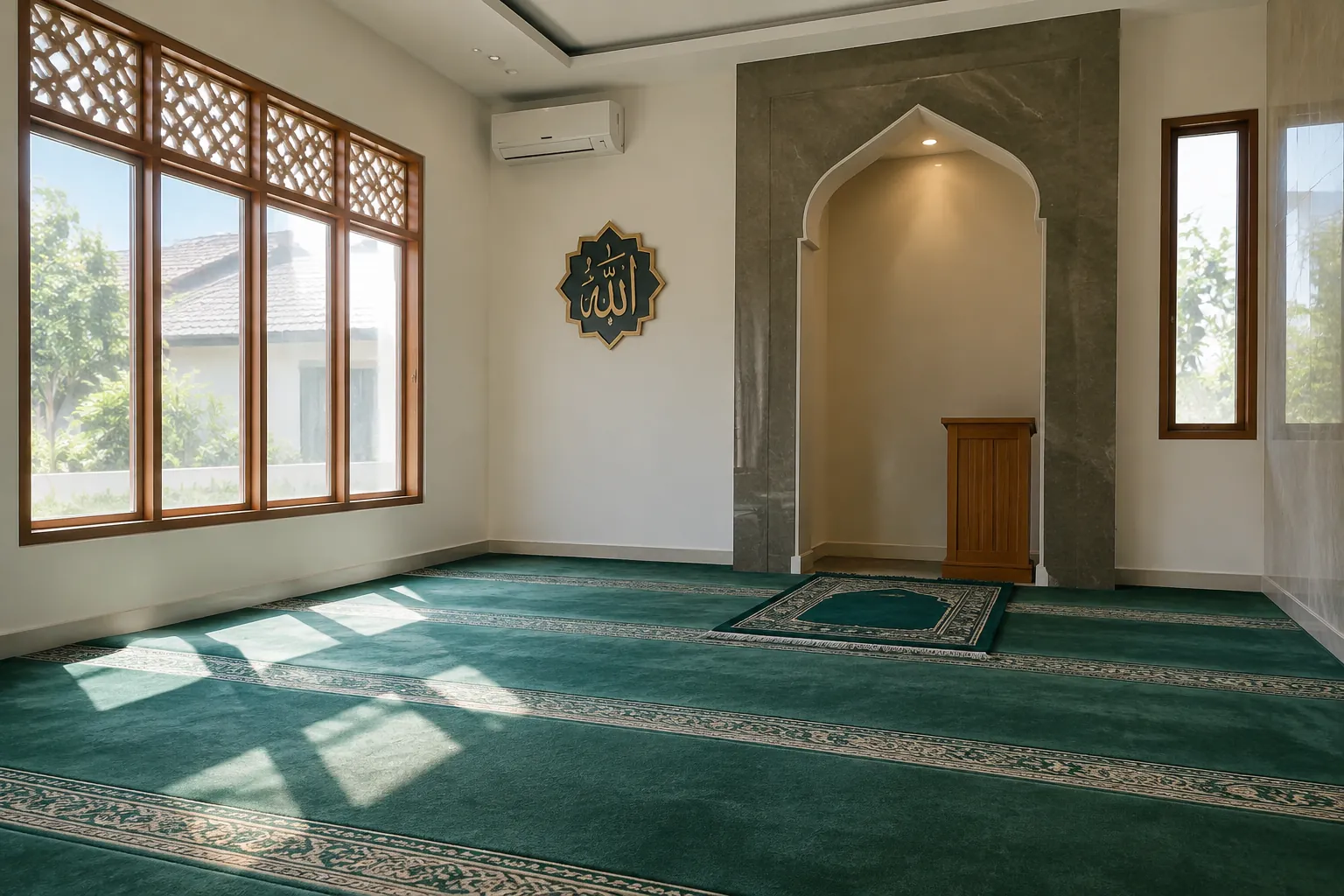 Sinar dari jendela membentuk bidang terang pada karpet ruang salat