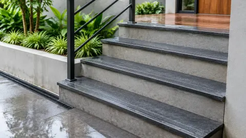 Tangga luar berwarna abu-abu dengan railing logam dan lantai basah