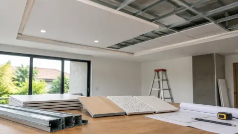 Rangka plafon terbuka dengan sampel panel di ruang yang sedang dikerjakan