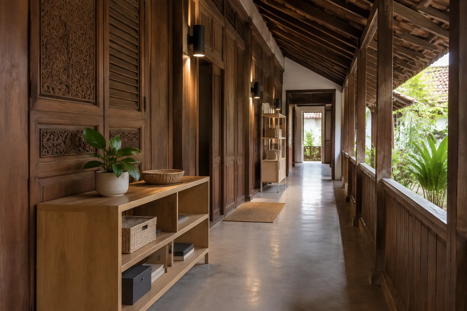 Lorong rumah tradisional dengan bangku kayu dan bukaan ke halaman