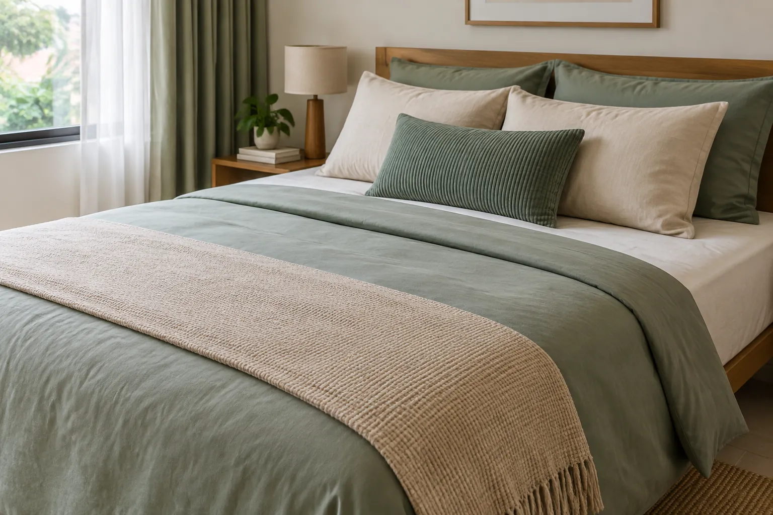 Tempat tidur dengan lapisan kain hijau dan krem
