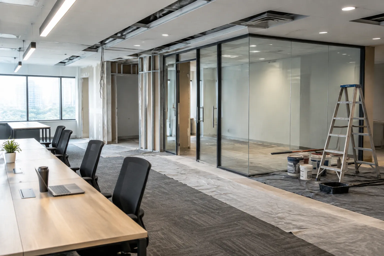 Area kantor coworking sedang direnovasi di samping ruang kerja
