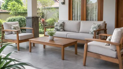 Sofa dan kursi kayu tersusun di teras rumah